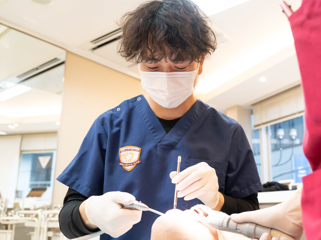 入れ歯の調整を行う歯科医師
